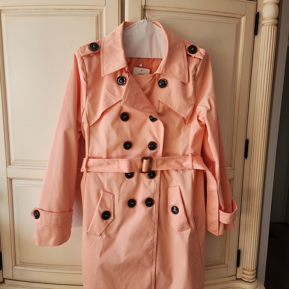 Chic Coral Double-Breasted Trench Coat